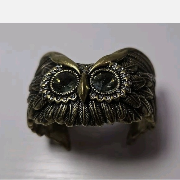 fossil brass owl face cuff bracelet chunky steampunk rhinestone eyes gothic - Picture 2 of 6